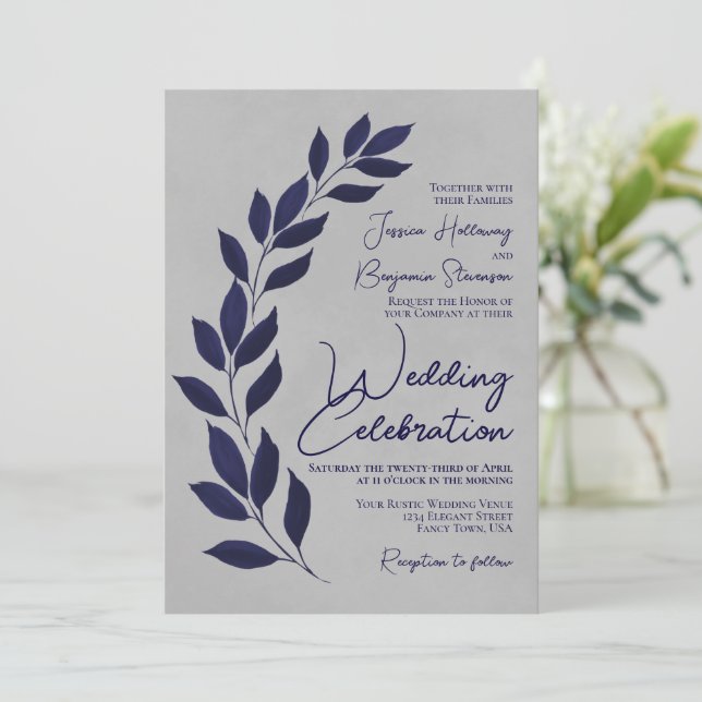 Modern Script Navy Blue Leaves on Grey Wedding Invitation (Standing Front)