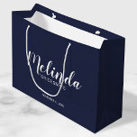 Modern Script Navy Blue Personalized Bridesmaids Large Gift Bag<br><div class="desc">Modern Script Navy Blue Personalized Bridesmaids Gift Bag
featuring personalized bridesmaid's name in white modern script font style with title and wedding date in modern sans serif font style on navy blue background.

Also perfect for Maid of Honour,  Flower Girl,  Mother of the Bride,  Groomsmen,  Best man and more.</div>