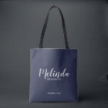 Modern Script Navy Blue Personalized Bridesmaids Tote Bag<br><div class="desc">Modern Script Navy Blue Personalized Bridesmaids Tote Bag
featuring personalized bridesmaid's name in modern calligraphy font style with title and wedding date in modern sans serif font style on navy blue background.

Also perfect for Maid of Honour,  Flower Girl,  Mother of the Bride and more.</div>