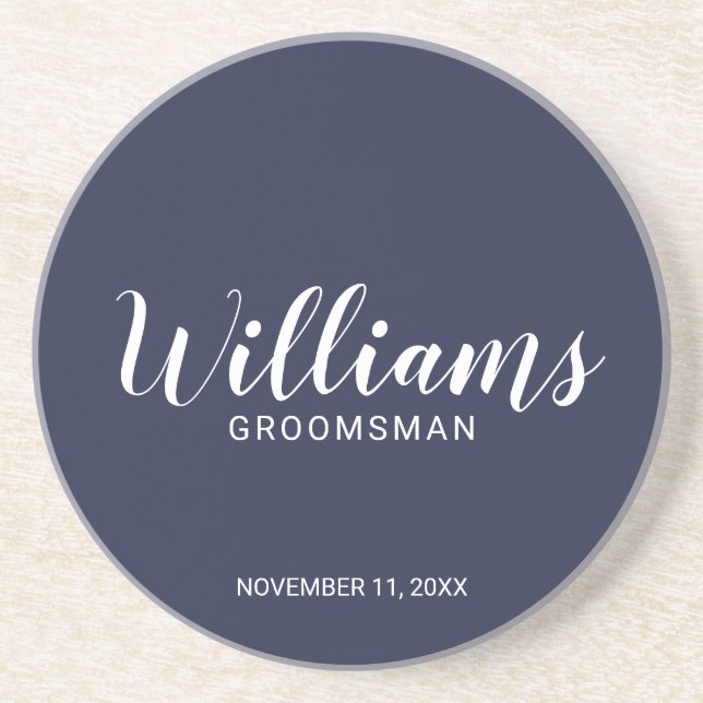 Modern Script Navy Blue Personalized Groomsman Coaster (Front)