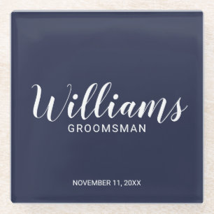 Modern Script Navy Blue Personalized Groomsman Glass Coaster