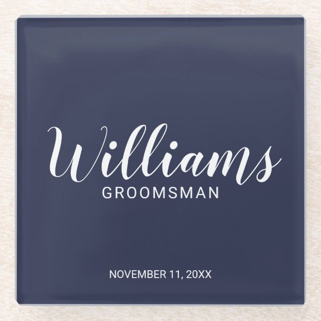Modern Script Navy Blue Personalized Groomsman Glass Coaster (Front)
