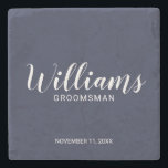Modern Script Navy Blue Personalized Groomsman Stone Coaster<br><div class="desc">Modern Script Navy Blue Personalized Groomsmen Coaster
featuring personalized groomsman's name in modern calligraphy font style with title and wedding date in modern sans serif font style on navy blue background.

Also perfect for Father of the Bride,  Best man and more.</div>