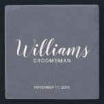 Modern Script Navy Blue Personalized Groomsman Stone Coaster<br><div class="desc">Modern Script Navy Blue Personalized Groomsmen Coaster
featuring personalized groomsman's name in modern calligraphy font style with title and wedding date in modern sans serif font style on navy blue background.

Also perfect for Father of the Bride,  Best man and more.</div>