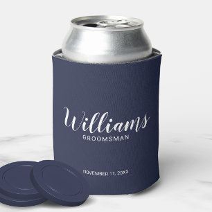 Modern Script Navy Blue Personalized Groomsmen Can Cooler