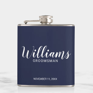 Modern Script Navy Blue Personalized Groomsmen Hip Flask
