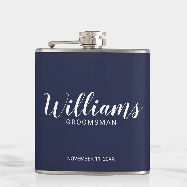 Modern Script Navy Blue Personalized Groomsmen Hip Flask (Creator Uploaded)