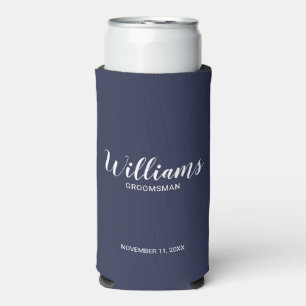 Modern Script Navy Blue Personalized Groomsmen Seltzer Can Cooler