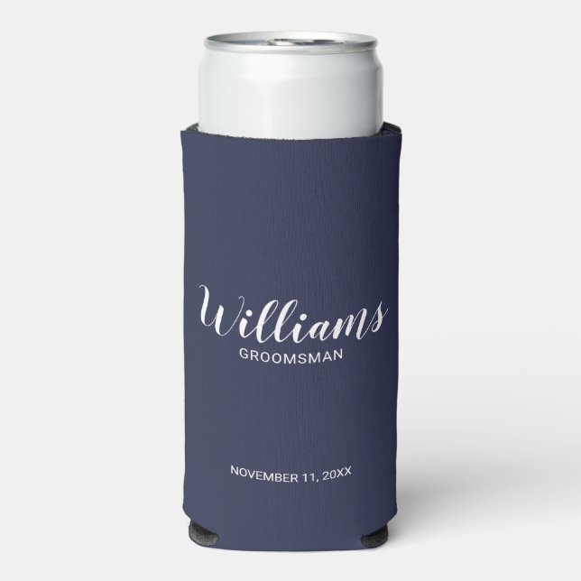 Modern Script Navy Blue Personalized Groomsmen Seltzer Can Cooler (Seltzer Front)