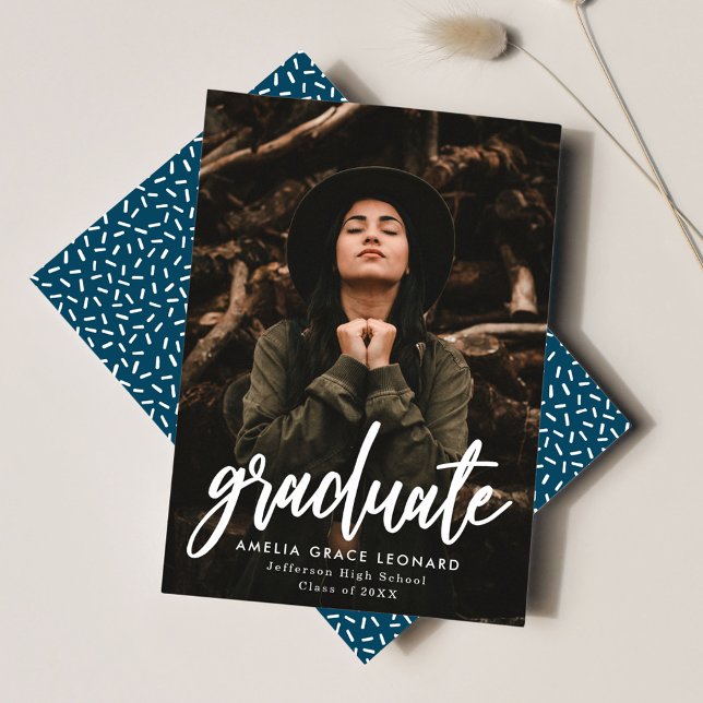 Modern Script Navy Blue Photo Graduation Announcement (Creator Uploaded)