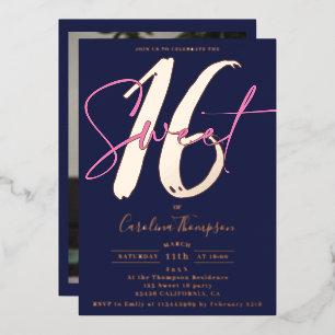 Modern script navy blue photo Sweet 16 rose gold