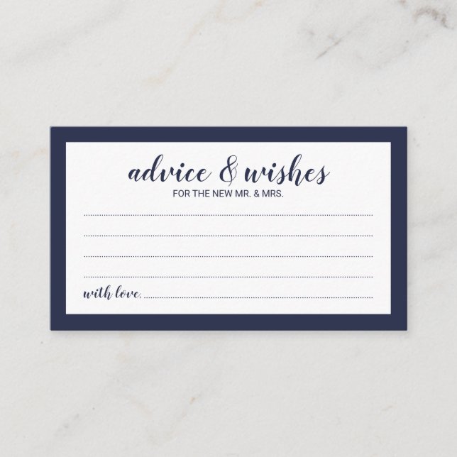 Modern Script Navy Blue Wedding Advice and Wishes Card (Front)