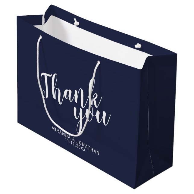 Modern Script Navy Blue Wedding Favour Large Gift Bag (Front Angled)