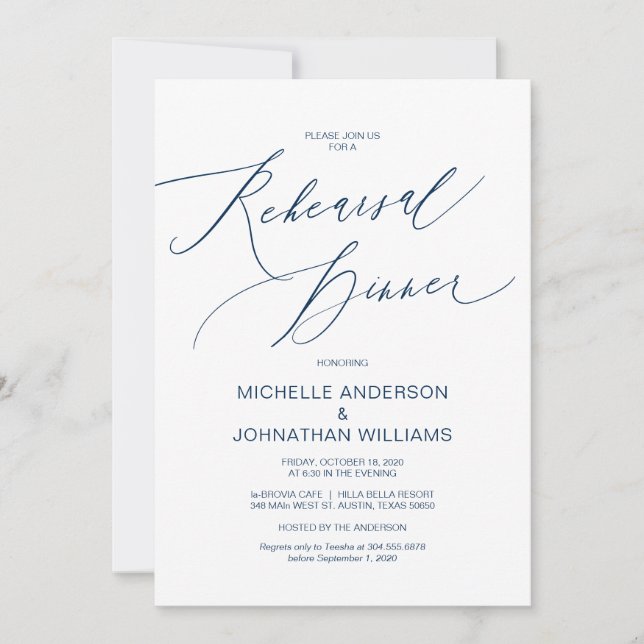 Modern Script, Navy Blue, Wedding Rehearsal Dinner Invitation (Front)