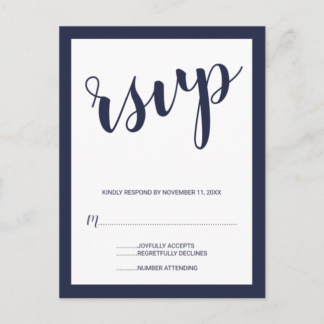 Modern Script Navy Blue Wedding RSVP Invitation Postcard (Front)
