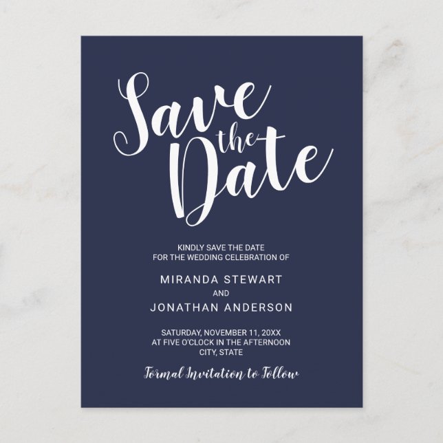 Modern Script Navy Blue Wedding Save the Date Announcement Postcard (Front)