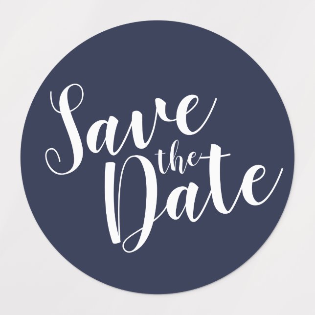 Modern Script Navy Blue Wedding Save the Date Labe (Design 3)