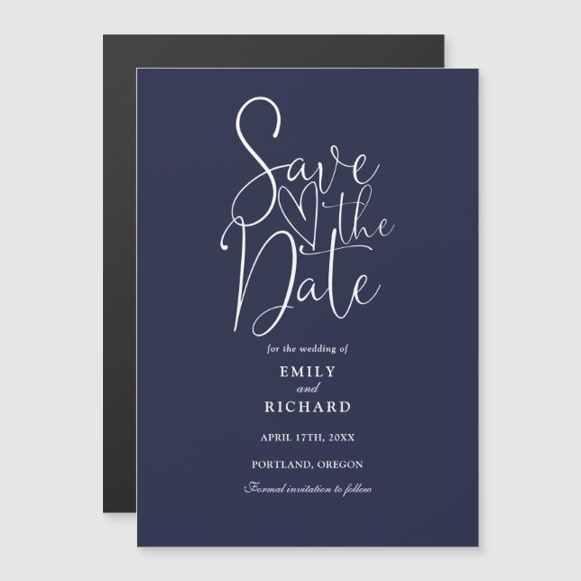 Modern Script Navy Blue Wedding Save The Date Magnetic Invitation (Front/Back)