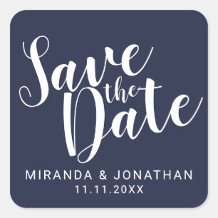Modern Script Navy Blue Wedding Save the Date Square Sticker