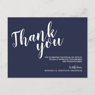 Modern Script Navy Blue Wedding Thank You Postcard