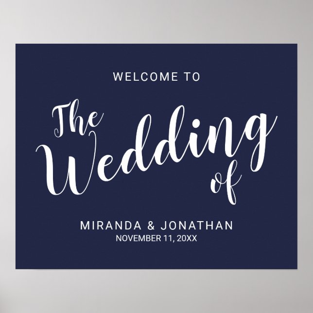 Modern Script Navy Blue Wedding Welcome Sign (Front)