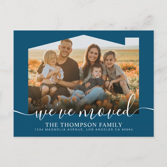 Modern Script Navy Blue We've Moved Photo Moving Announcement Postcard (Front)