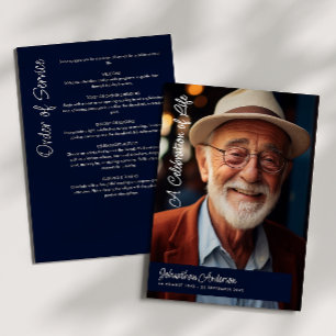 Modern Script Navy Blue & White Funeral/ Memorial Program