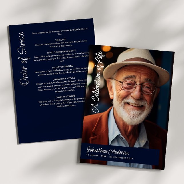 Modern Script Navy Blue & White Funeral/ Memorial Program (Creator Uploaded)