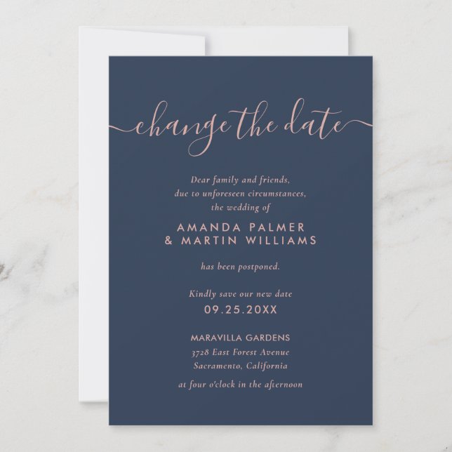 Modern Script Navy Blush Change The Date Wedding Invitation (Front)