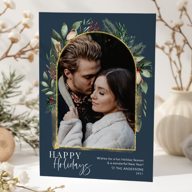 Modern Script Navy Greenery Gold Arch Photo Holiday Card (Creator Uploaded)