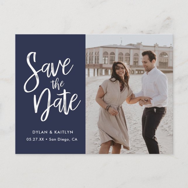 Modern Script Navy Minimalist Photo Save the Date Announcement Postcard (Front)