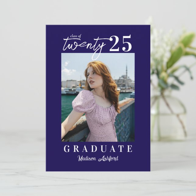 Modern Script Navy Photo Graduation Party Invitation (Standing Front)