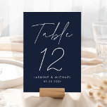 Modern Script Navy Wedding Table Number Card<br><div class="desc">Simple, modern wedding table number cards featuring "Table" displayed in a handwritten white script with a navy background (or a colour of your choosing). To order the navy wedding table cards: add your name, wedding date, and table number. Each number needs to be added to your cart individually. After you...</div>