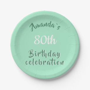 Modern Script Neo Mint 80th Birthday Party Paper Plate