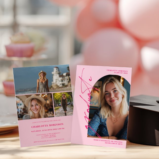  Modern Script neon pink graduate photo graduation Invitation (Modern Script neon pink graduate photo graduation Invitation)