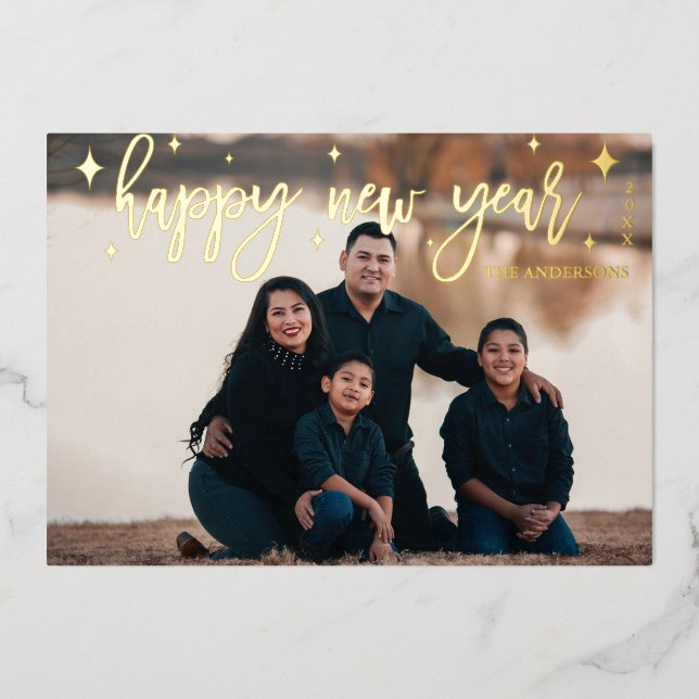 Modern Script New Year Gold Foil Photo Holiday (Front)