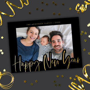Modern Script New Year Photo Black Gold Foil Holiday Card