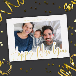 Modern Script New Year Photo White Gold Foil Holiday Card