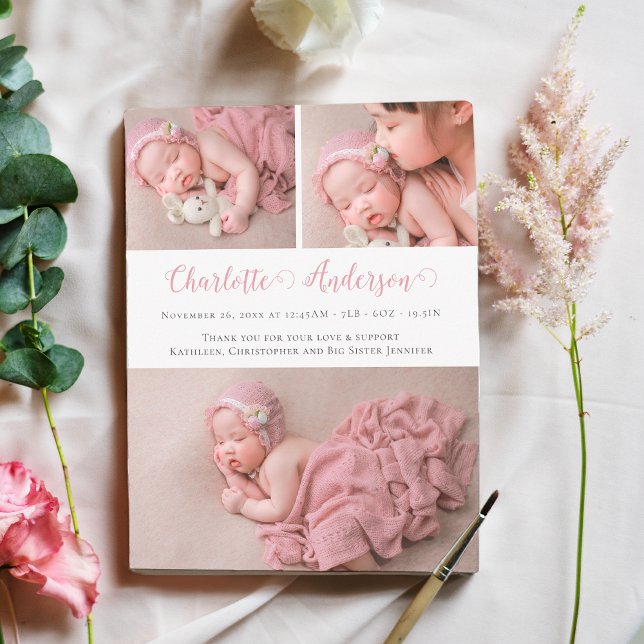 Modern Script Newborn 3 Photo Collage Birth Announcement (Creator Uploaded)