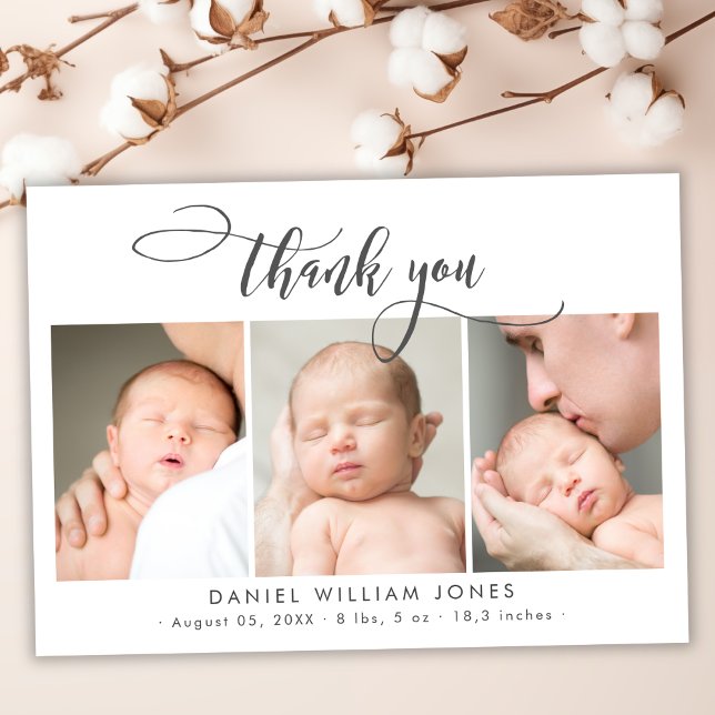 Modern Script Newborn Baby 3 Photo Thank You Card (Creator Uploaded)