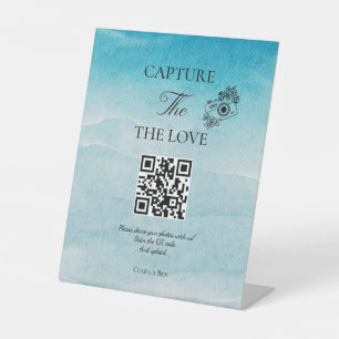 Modern Script Ocean Blue Capture The Love QR code Pedestal Sign
