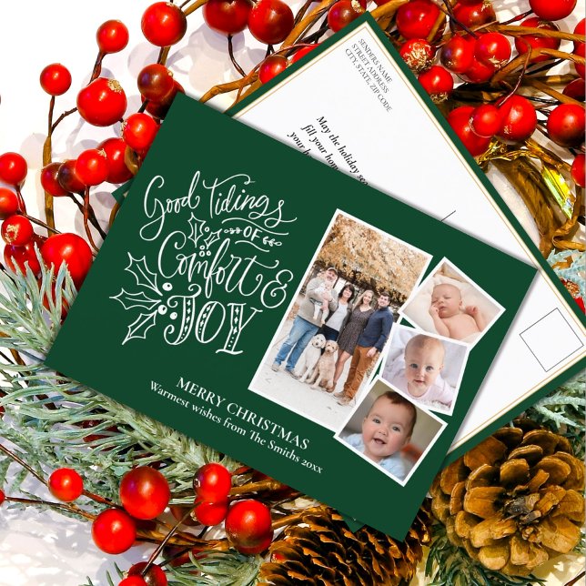 Modern Script on Green Good Tidings of Comfort Joy Postcard (Creator Uploaded)