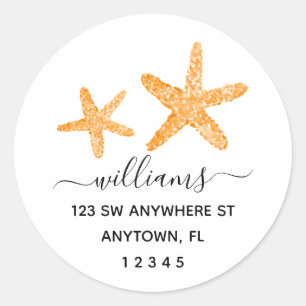 Modern Script Orange Starfish Return Address Classic Round Sticker