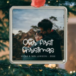 Modern script Our First Christmas wedding photo Metal Ornament<br><div class="desc">A modern typography for this photo ornaments collection. To customize with your favourite picture. You can also easily change the colour of the font to your liking.</div>
