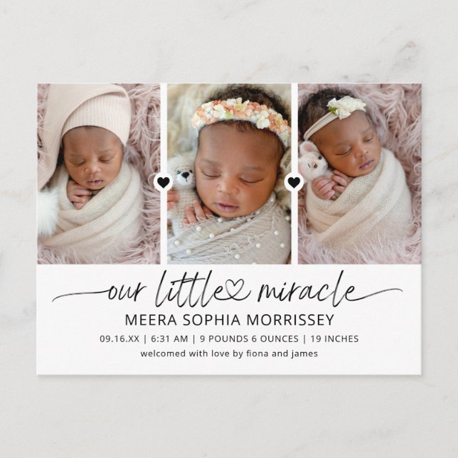 Modern Script Our Little Miracle Photos Birth Announcement Postcard (Front)
