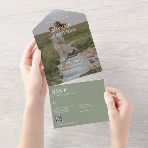 Modern Script Overlay Photo QR Code Wedding All In One Invitation