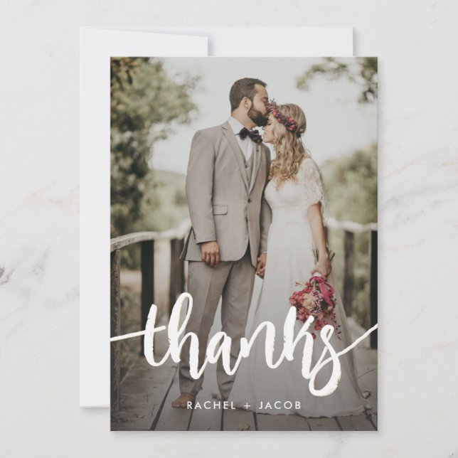 Modern Script Overlay Simple Two Photo Wedding Tha Thank You Card (Front)