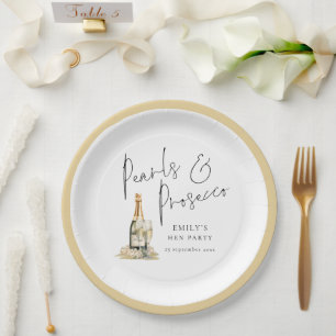 Modern Script Pearls and Prosecco Hen Party Paper Plate