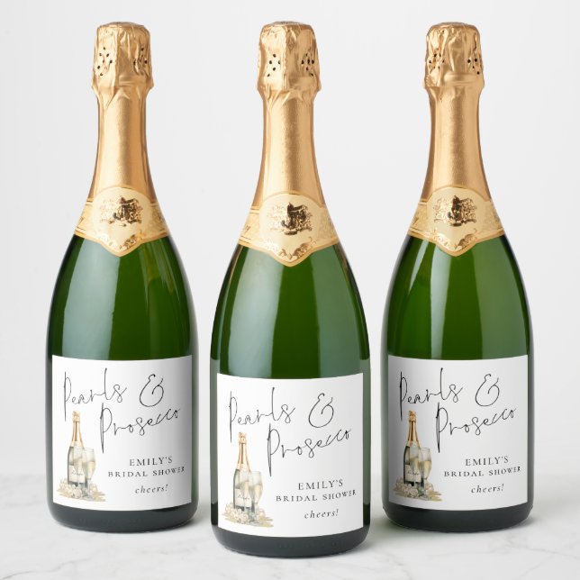 Modern Script Pearls Prosecco Cheers Bridal Shower Sparkling Wine Label (Bottles)