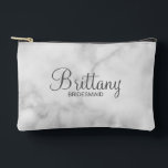 Modern Script Personalized Bridesmaid Accessory Pouch<br><div class="desc">Personalized Bridesmaid Gifts
featuring personalized bridesmaid's name in grey modern script font style with title and wedding date in modern sans serif font style on white marble background.

Also perfect for maid of honour,  mother of the bride,  flower girl and more.</div>